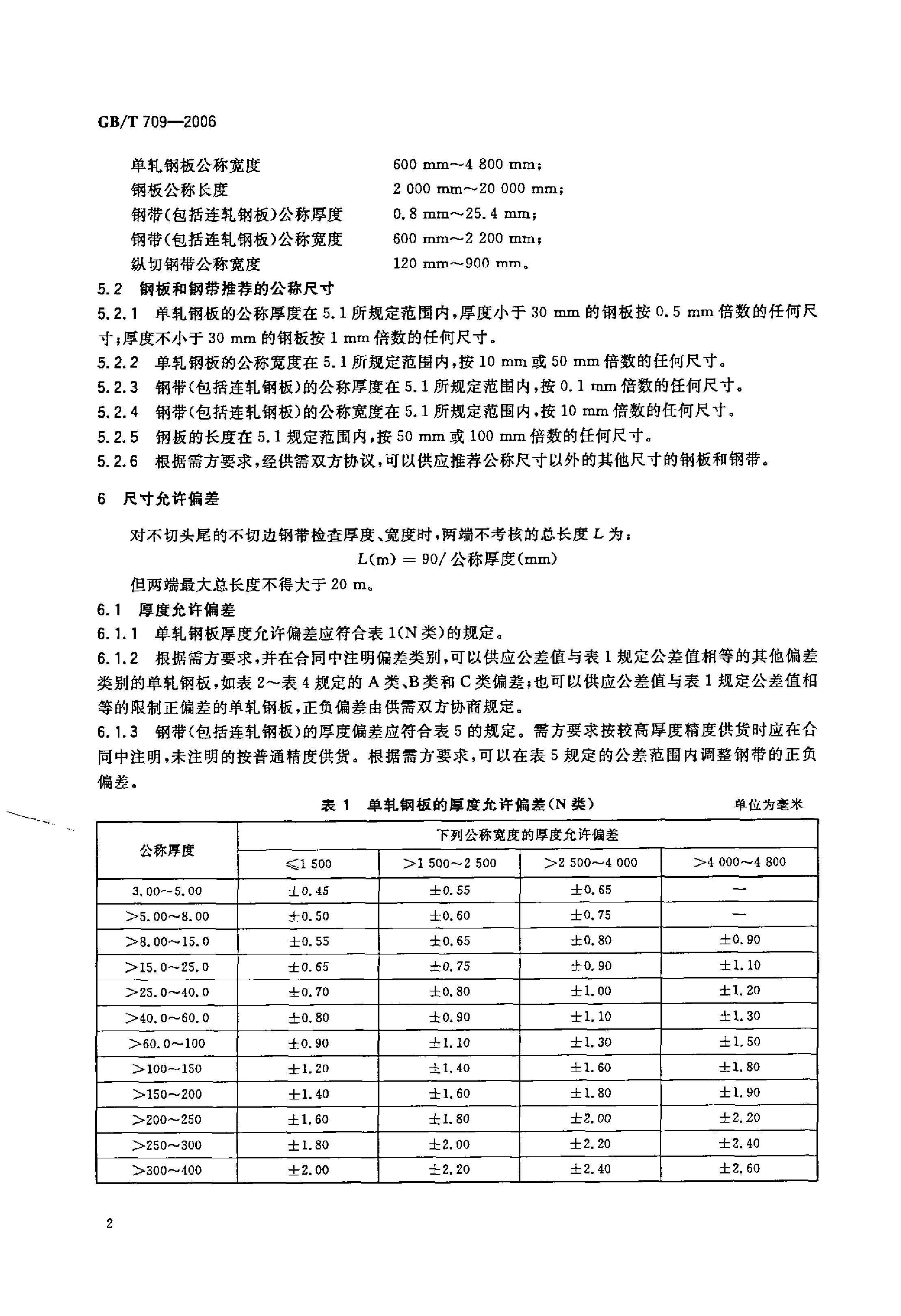 熱軋鋼板和鋼帶的尺寸、外形、重量及允許偏差 國標 GBT 709-2006 代替GBT 709-19880003